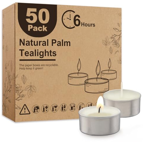 Ashlux oparfymerad palm te ljus ljus 50-pack bulk, 6,9 timmar långa brinnande vita värmeljus, icke-paranffin, rökfria, mini värmeljus för bröllop, bordsuppsats, fest, strömavbrott