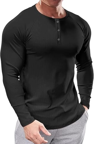 Muhshoiy Maglietta da Uuomo, Manica Lunga E Corta Muscolo Henley T-Shirt,Maglietta con Collo Serafino a Maniche Lunghe Slim Uomo,Long Sleeve/Nero/L