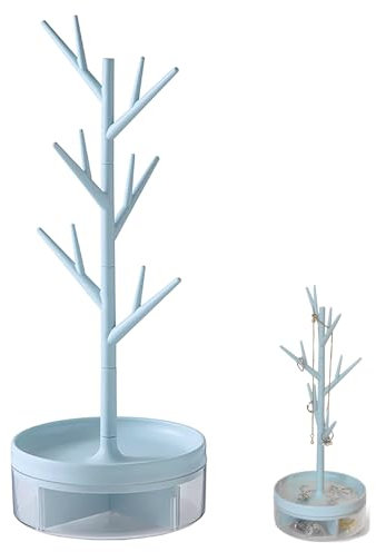 Albero Organizzatore a Torre Appeso, Blu Portagioie a Corna, Portagioielli Ramoscello con Base Girevole e Scatola di Contenimento, Scatola per Gioielli in Plastica, per Appendere Collane e Cinturini