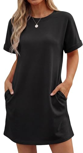 GRECERELLE Womens Summer Mini Dress Cap Sleeve Crew Neck T Shirt Short Casual Beach A Line Dresses with Pockets
