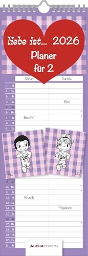 Alpha Edition - Love I… Planificador para dos 2026 – Calendario de socios 15 × 42 cm con 2 columnas, lindas ilustraciones y grandes campos de escritura, regalo perfecto para parejas, planificación