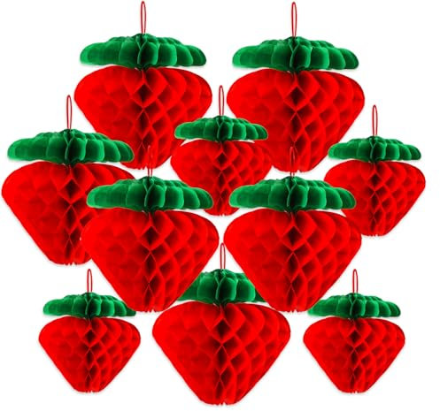 BOARDFEB 12 Pcs Paper Strawberry Honeycomb Ball, Strawberry Shortcake Birthday Decorations for Fruit Theme Party Birthday Baby Shower Wedding Garden Supplies Red