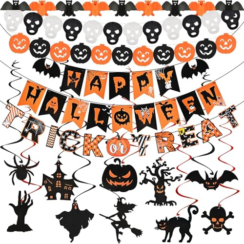 Kit de décoration pour Halloween, citrouille, chauve-souris, tête de mort, décoration de tourbillons suspendus, bannière Happy Halloween pour l'intérieur et l'extérieur, carnaval, fête