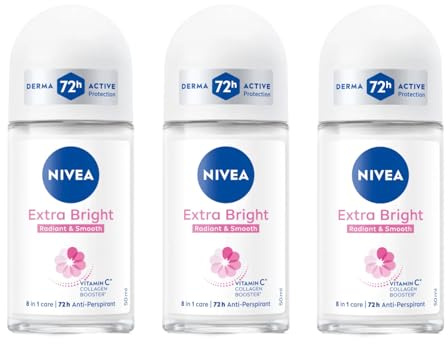NIVEA Extra Bright 8 Super Food Vitamin C Collagen Booster Underarm Roll-On Deodorant, Alcohol-Free, 72HR Odor Protection, Smooth & Bright Skin, 50ml, 1.69oz, Pack of 3
