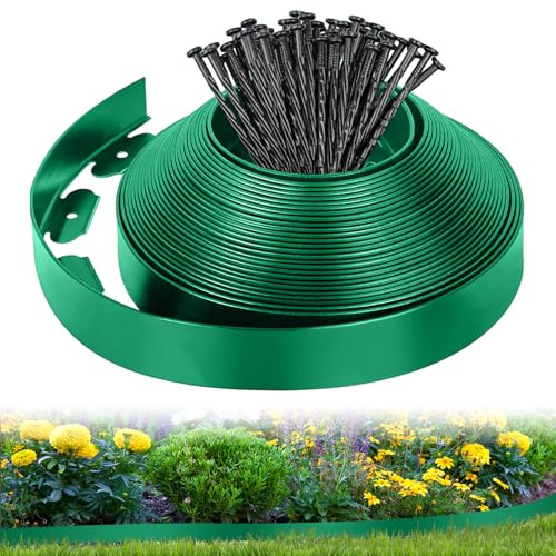 Bordes para Césped Flexible 10M x 5cm, Plástico Valla de Jardín con 50 Clavijas, Borde Delimitación para Césped para Jardine, Parterre, Camino de Patio, Verde