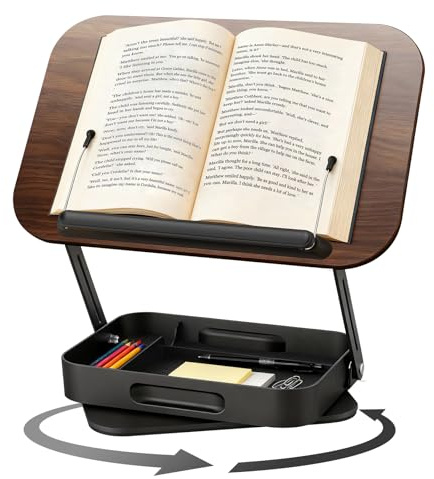 Supporto per libri in legno, regolabile in altezza, girevole a 360°, pieghevole, con clip laterale, per libro di cucina, tablet, laptop, spartiti, Bibbia, cucina, ufficio, scuola