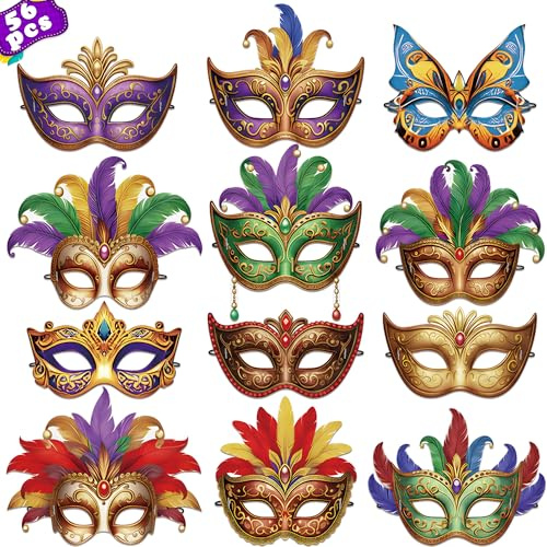 80UncleKimby 56PCS Retro Mardi Gras Masks Bulk Set: Party Decorations Carnival Favors(Paper)