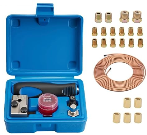 Ghekkli Outils D'évasement de Tuyaux de Freins, 7,62m Ø 4,75mm Kit Réparation Tuyau de Frein, 16 Connecteurs+5 Raccords+Conduite de Frein, pour Conduites de Frein ou Hydrauliques(Simple Flambée)