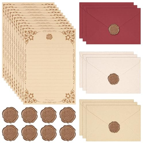 JIANTA 48 Pezzi Carte da Lettera e Buste Vintage, Set di Cancelleria con 30 Fogli di Carta da Lettera, 9 Buste e 9 Adesivi con Sigillo di Cera, Set di Carte con Buste per Lettere d'Amore, Inviti