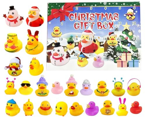 Calendrier de l'Avent 2025 pour enfants avec 24 canards en caoutchouc, jouets pour tout-petits, coffret cadeau de Noël pour baignoire et chambre d'enfant (31 x 22,5 x 4 cm)