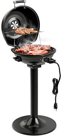 COSTWAY Elektrogrill 1600W freistehend, Standgrill mit 2-Zonen Grillplatte, Elektrischer BBQ Grill 93°C-219°C mit Standfuß und Antihaftbeschichtung für Balkon, Garten