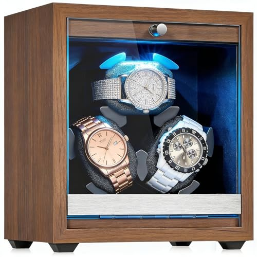 TOOSOAR Carica Orologi Automatici Watch Winder, Scatola del Tempo per Orologi 3 Posti in Legno di Noce, Porta Orologio Automatico con 5 Modalità e Arresto Apertura