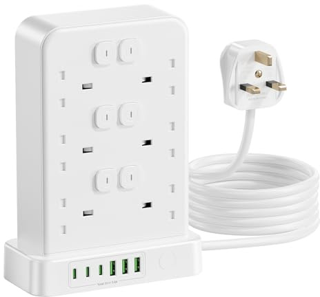 Tower Extension Lead with USB Slots, 12 Way 13A 3250W Power Strip with 12 Individual Switches, 3 USB-C and 3 USB-A Ports, 2M Extension Cable, Fused UK Plug Multi Socket for Home Office Desk