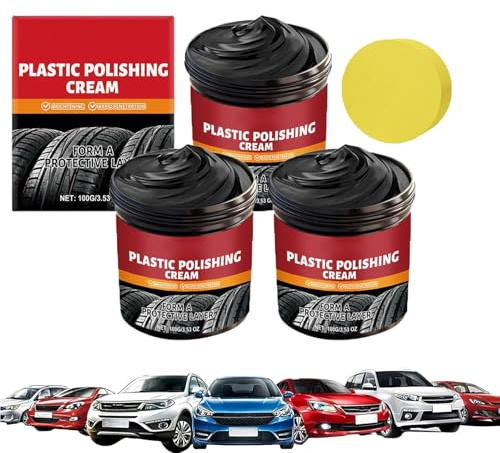 Car Tire and Plastic Trim Renewal Paste - Restores Shine, Car Tire Shine with Sponge, Tyre Nourish Cream, TireWax – Restores Black Gloss, Powerful Wheel Cleaning Refurbish Wax for Cars, Truck (3 Ste)