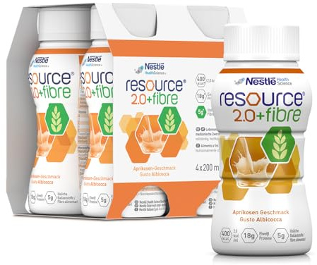 resource® 2.0+fibre Aprikose | 4x200ml | Hochkalorische Trinknahrung bei ungewolltem Gewichtsverlust | Astronautennahrung | Aufbaunahrung | 400 Kalorien + 18g Eiweiß/Flasche | mit Ballaststoffen