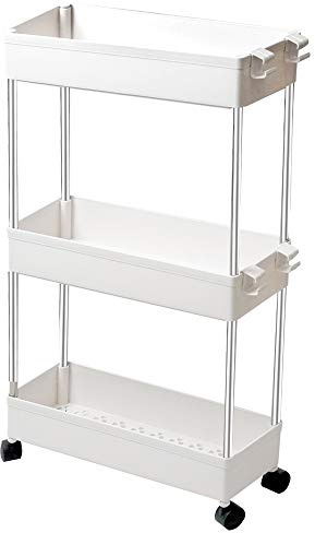 T-LOVENDO.ES Carro de Cocina Estrecho Alto con Ruedas. Carrito Auxiliar Organizador verdulero. Almacenaje Vertical cajones de plástico. (Blanco, Tres Baldas)