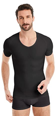 FINN Maglia Dimagrante Uomo con Scollo a V - Canottiera Snellente a Maniche Corte in Cotone - Camicia compressiva Body Shaper per Una Pancia più Piatta Nero S