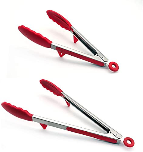 Confezione da 2 pinze da cucina in silicone, 22,9 e 30,5 cm, senza BPA, antiaderenti, con manico in acciaio inox, per barbecue, barbecue, buffet, insalata, ghiaccio, forno, zucchero, con punte in