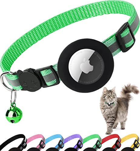 Collier Chat Airtag, Collier pour Chat Anti-étranglement avec Protecteur Airtag et Cloche, pour Toutes Les Tailles de Chats, Large de 1 Centimètres et Léger (Vert)