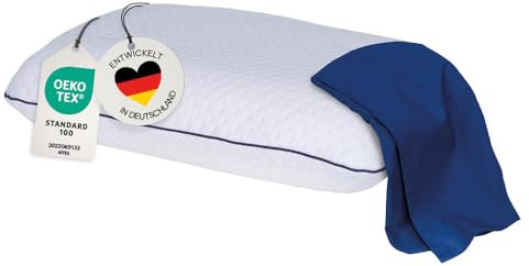 casimum Reisekissen aus Memory Foam | entlastet Kopf, Halswirbelsäule & Nacken | Schlafkissen für Reisen im Auto, Flugzeug, Zug, Hotel & Camping gegen Nackenschmerzen 40x25x10 cm (Blauer Bezug)