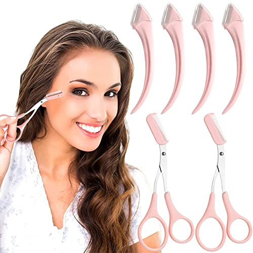 ONEUPIN 6PCS Curved Eyebrow Trimmer Set Stainless Steel Razor Scissors With Comb, Beauty Tool for Beginners, Suitable for Any Skin Type, Hair Removal Accessories for Men Women