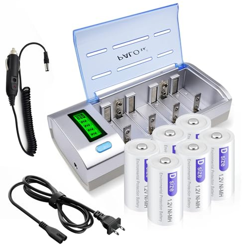 Palogreen Paquete de 6 baterías recargables D de 1,2 V 8000 mAh NiMH con cargador de batería LCD universal para batería recargable AA AAA C D 9V NiMH NiCD con función de descarga (D 8000 mAh, paquete