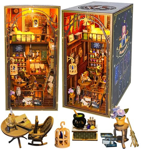 DIY Book Nook Kit für Erwachsene, Book Nook Buchstütze Puppenhaus, DIY Miniatur Haus Kit, 3D Puzzle Holz Magisches Haus mit Möbeln und LED-Leuchten…