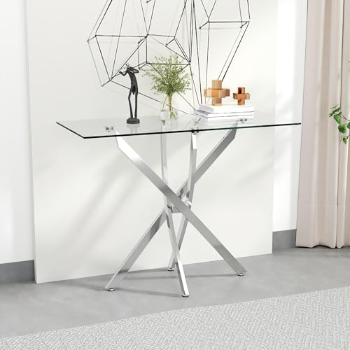 GOLDFAN Glass Console Table with Silver Metal Legs, 100cm Entrance Table for Hallway Modern Slim Sofa End Table for Living Room Corridor