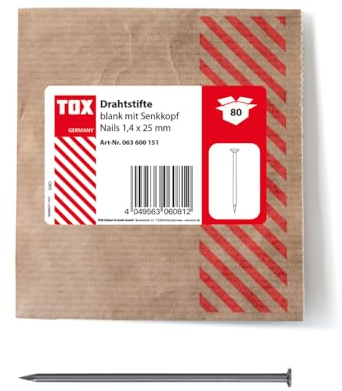 TOX Clavos de alambre 1,4x25 mm con cabeza avellanada para conexiones de madera simples y superficies planas, acero desnudo, 80 unidades en un empaque de papel reciclable y resellable, 063600151