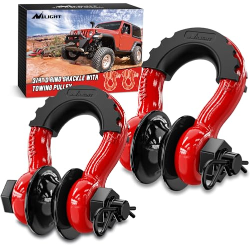 Nilight 3/4 D Ring Shackle with Towing Pulley 2 Pack 4.75 Ton (9500 Lbs) 7/8 Pin Heavy Duty Off Road Recovery Shackle with Isolators Washer Kit for Jeep Truck Tractor Vehicle ATV UTV, Red