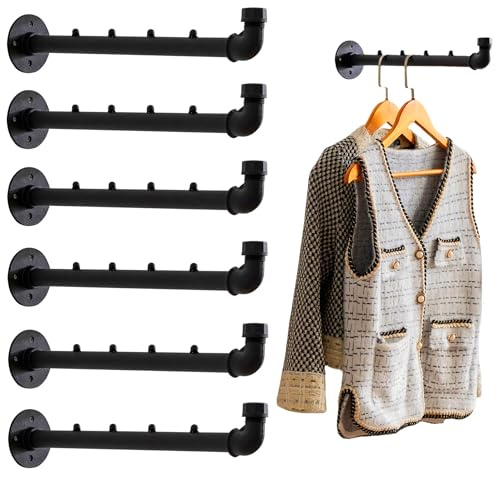 Industrial Wall Pipe Clothes Bar - Heavy Duty Metal Coat Hanger with Hook, Wall-Mounted Garment Holder Racks,Wall Clothing Racks/Hanging Rail, 6Pcs