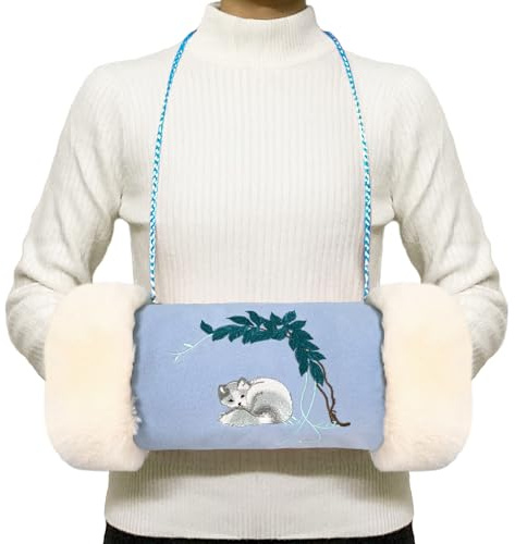 MatFirsmo Faux Fur Hand Muffs, Portable Hand Warmer Pouch with Zipped Pocket Strap for Cold Weather, Cute Blue Embroidery Pattern Hand Muffler for Women Girls