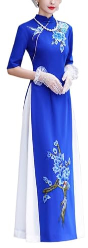 SXTYYH Chinese Costume for Women, Cheongsam Vietnamese Dress Long Qipao Stage Performance Costume Cheongsam Dress(L) Blue