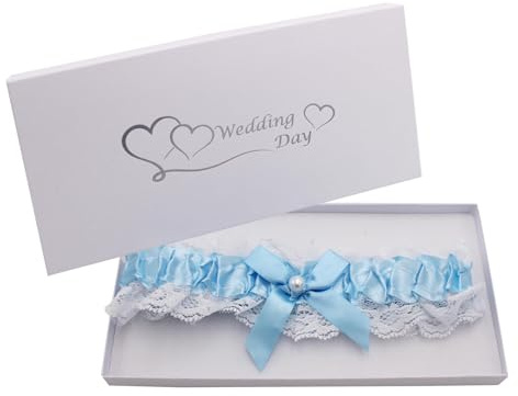 Widdle Gifts Wedding Garter Gift Boxed for Bride Blue Satin with White Lace and Pearl Bead Keepsake
