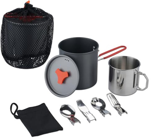 ISFORU - Pentola da campeggio da 1 l, portatile, leggera, per escursioni, attività all'aperto, con coperchio, viene fornita con tazza da 500 ml e set di stoviglie pieghevole