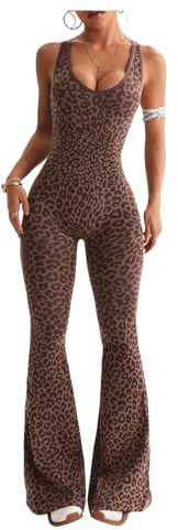 Verdusa Women's Cheetah Print Workout Sets Yoga Jumpsuit Criss Cross Sleeveless Work Out Clothes Flared Pants Jumpsuits Coffee Brown Small