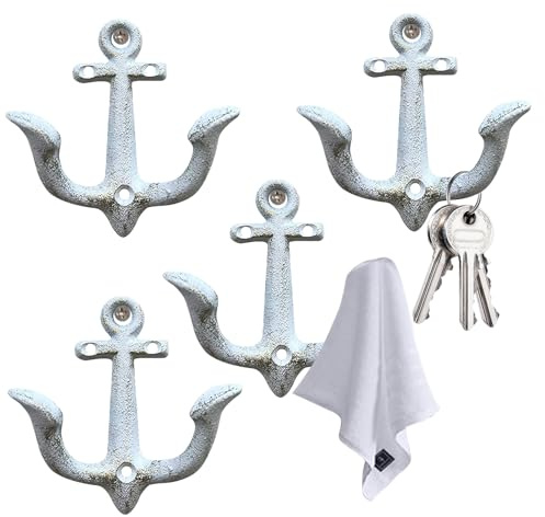 Nautical Anchor Decor, Cast Iron Wall Hooks Decorative, for Pool Towel Hooks Nautical Wall Hooks. (4Pcs Set White)