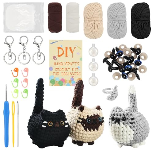 TPTGIAR Djur virkset för nybörjare amigurumi tre söta virkade katter virka set syset grundutrustning punch needle set fyllnadsvadd för gosedjur stickat set med ull och instruktioner