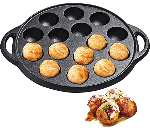 WUWEOT Non-Stick Takoyaki Pan, 1.5 Diameter Pre-Seasoned Cast Iron Octopus Ball Grill