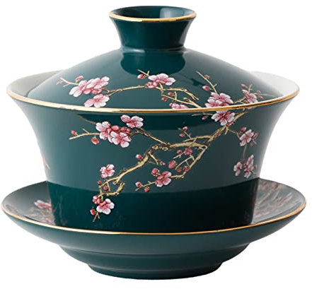 Eplze YBK Tech Große Gaiwan-Teetasse und Untertasse aus Porzellan, Kung-Fu-Teetasse und Untertasse mit Deckel, traditionelles chinesisches Gaiwan, Sancai-Teeschale, geprägtes Pflaumenmuster, Grün