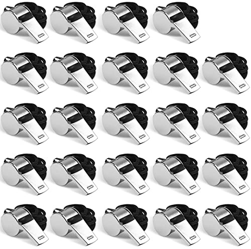 Whistle, 24 PCS Professional Stainless-Steel Whistles with Lanyards in Bulk, Very Loud Metal Sports Whistle, Perfect for Coaches, Referees, Lifeguards, Officials, and Teams, Silver