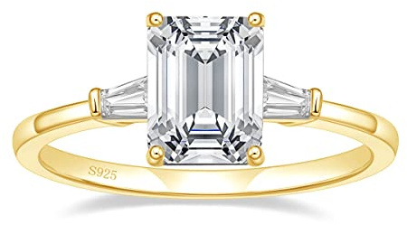 EAMTI 3CT 925 Sterling Silver 14K Gold Plated Engagement Rings 3-Stone Emerald Cut Cubic Zirconia CZ Wedding Promise Rings for Her Wedding Bands for Women Size 6