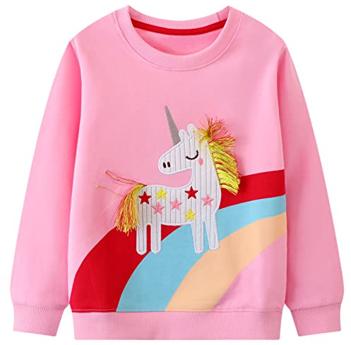 FILOWA Regenbogen Einhorn Sweatshirt Kinder Mädchen Sport Grau Rosa Langarm Herbstpullover Baumwolle Top 2-7 Jahre, Gr. 92-122