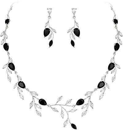EVER FAITH Bröllopssmycken för Kvinnor Brud Birdesmaid, Sparkly Cubic Zirconia Päron Birthstone Blad Halsband Örhängen Set för Prom, Kubisk zirkonia, Kubisk zirkonia