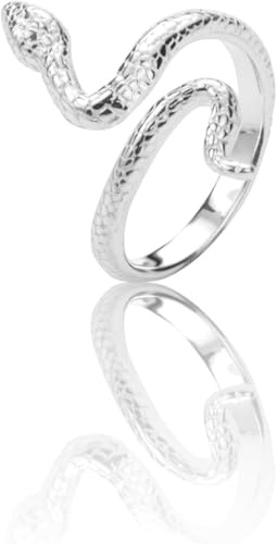 Schlangenring 925 Sterling Silber – Verstellbarer Schlangenring – Schlangenmotiv-Ring – Detailreiches Schlangendesign – Offener Ring (Versilberte Basis)
