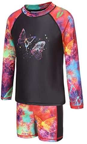 Maillot de bain 2 pièces à manches longues pour filles - Maillot de bain rashguard et short - Âge 5-14 ans, motif papillon noir, 11-12 ans