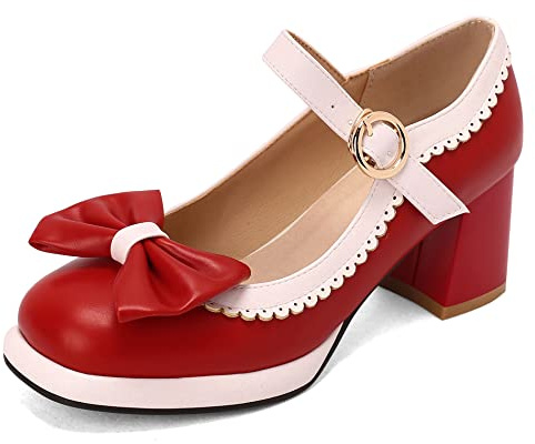 Lroey Reoly Merceditas de Mujer con Tacón En Bloque, Bombas de Tacón Medio Punta Rojoonda Hebilla Zapatos de Fiesta con Plataforma Lazos Clásica Nlnlvn Rojo Talla 39 EU