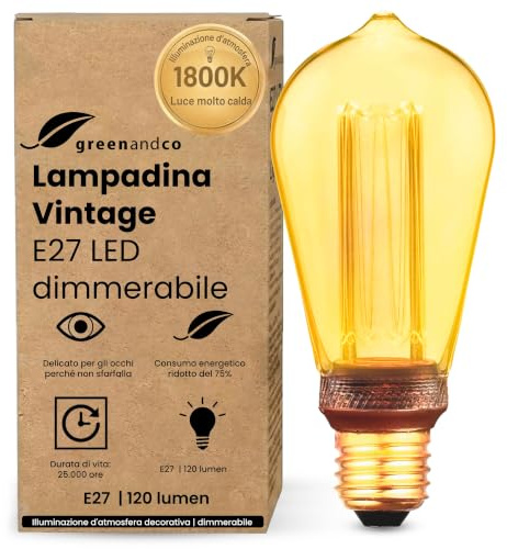 greenandco dekorativ dimbar LED-glödlampa i vintage-stil | E27 ST64 | Bärnsten | 3,5W 120lm | 1800K Extra varmvitt | 320° | 230V | Flimmerfri