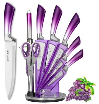 Purple Professional 9-Piece Kitchen Knife Set with Acrylic Block - Non Stick Sharp Stainless Steel Chef Knives with Sharpener,Gift for Home Kitchen Women