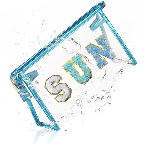 COSHAYSOO Clear Sunscreen Makeup Bag Beach Vacation Essentials Waterproof Summer Pool Must Have Accessories for Women Teen Girls Gifts, Spring Break Airplane Cruise Travel Toiletry Pouch Blue SUN